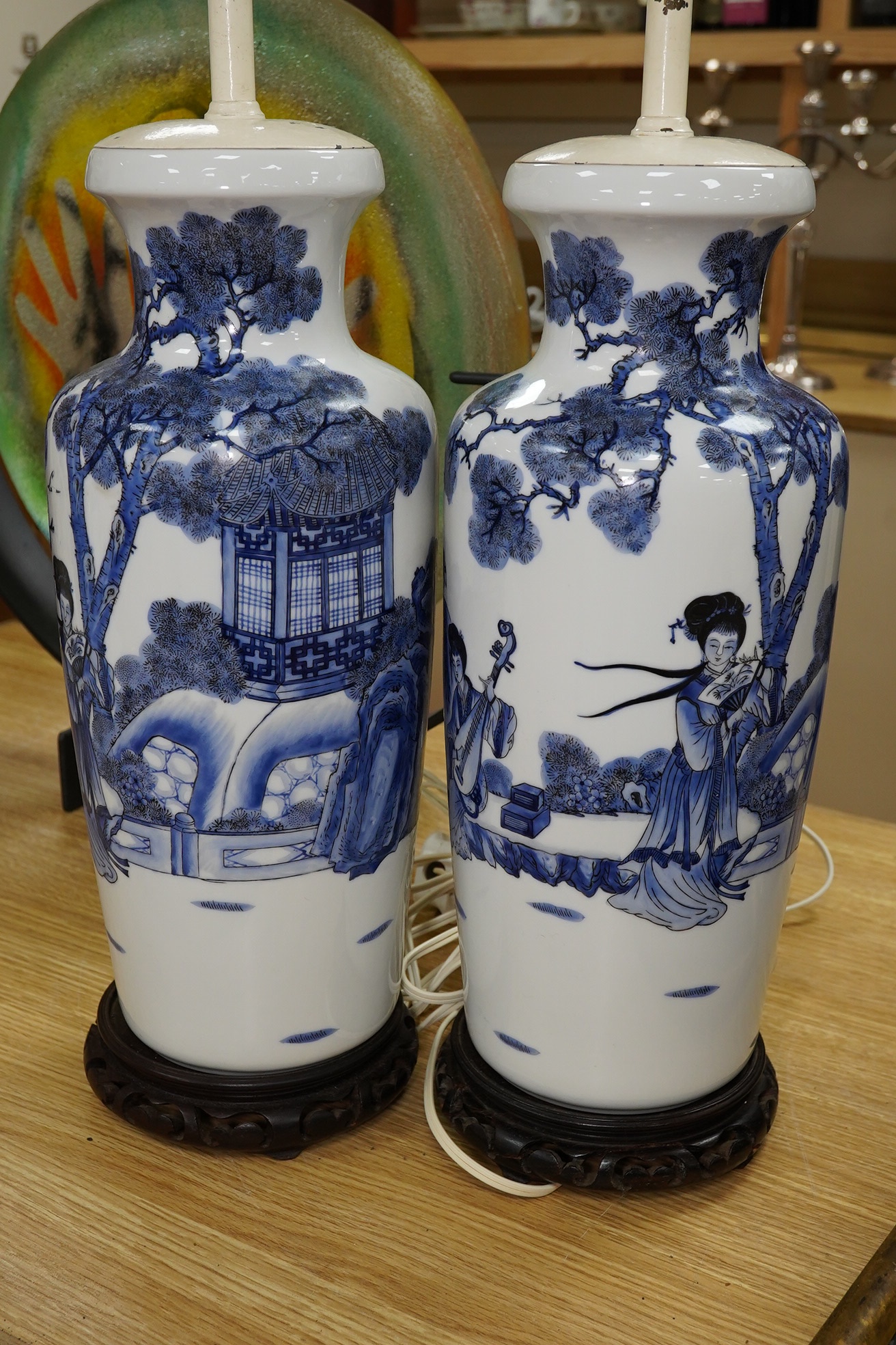 A pair of Chinese blue and white porcelain table lamps, 73cm total. Condition - good, not tested